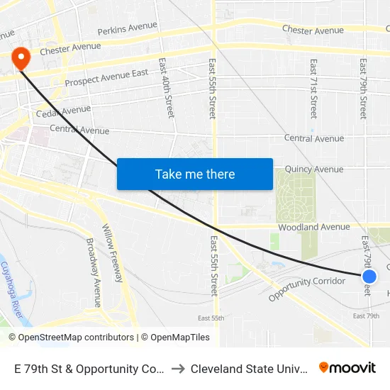 E 79th St & Opportunity Corridor to Cleveland State University map