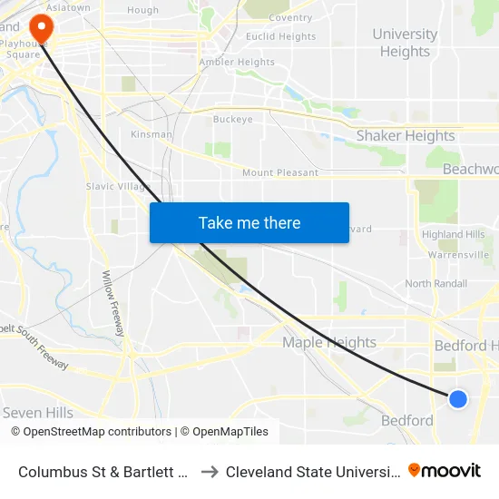 Columbus St & Bartlett Rd to Cleveland State University map