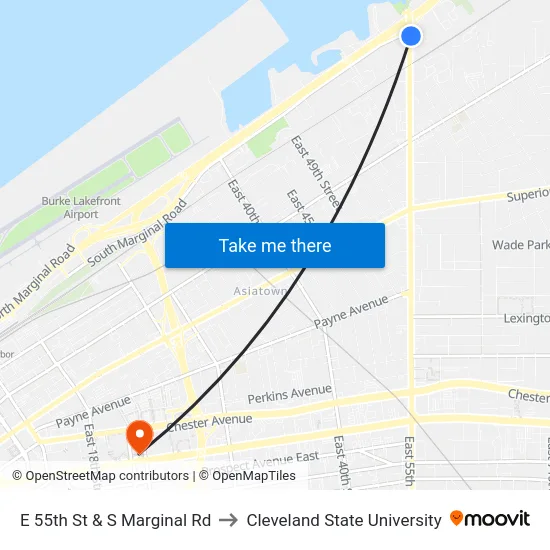 E 55th St & S Marginal Rd to Cleveland State University map