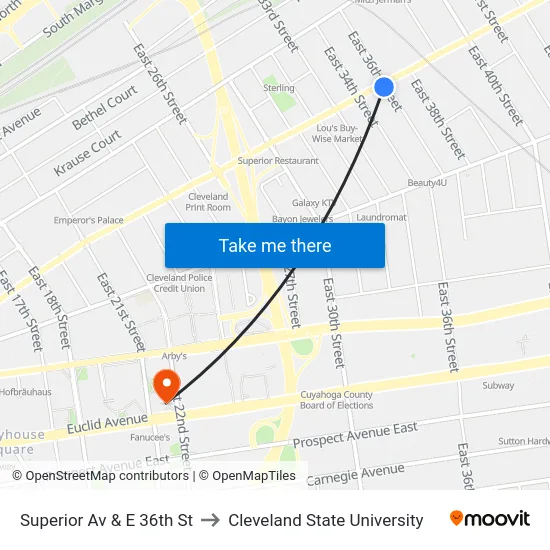 Superior Av & E 36th St to Cleveland State University map