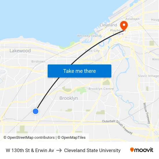 W 130th St & Erwin Av to Cleveland State University map