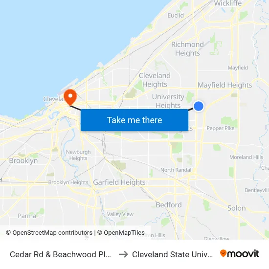 Cedar Rd & Beachwood Place Dr to Cleveland State University map