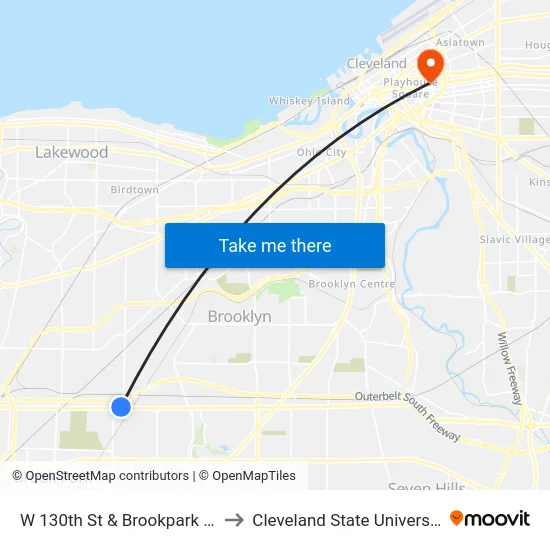 W 130th St & Brookpark Rd to Cleveland State University map