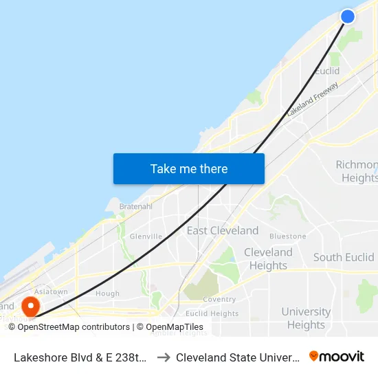 Lakeshore Blvd & E 238th St to Cleveland State University map