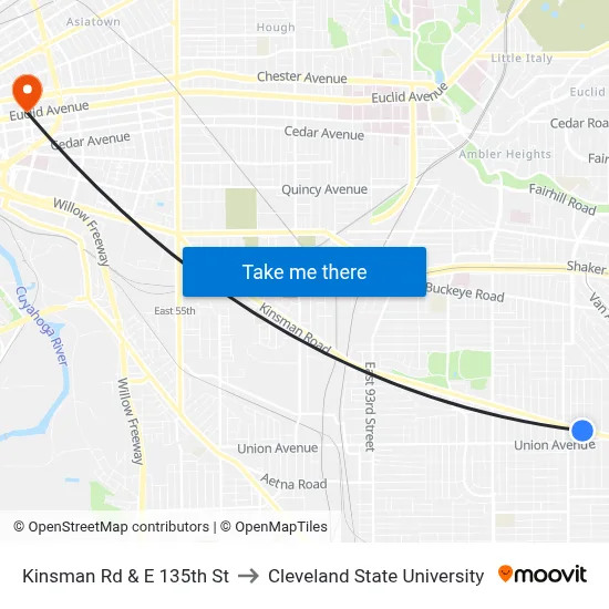 Kinsman Rd & E 135th St to Cleveland State University map