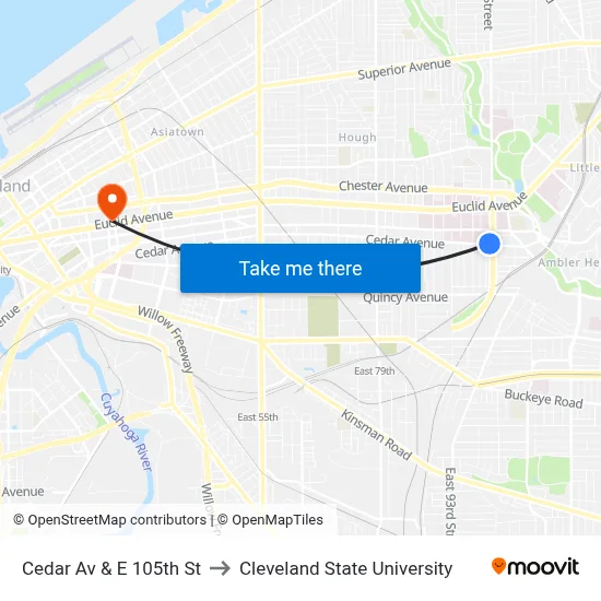 Cedar Av & E 105th St to Cleveland State University map