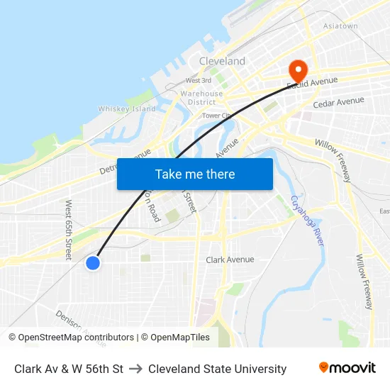 Clark Av & W 56th St to Cleveland State University map