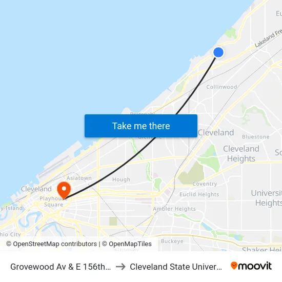 Grovewood Av & E 156th St to Cleveland State University map