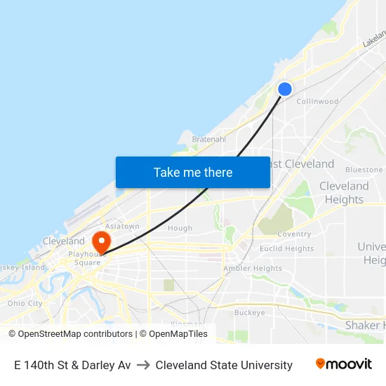 E 140th St & Darley Av to Cleveland State University map