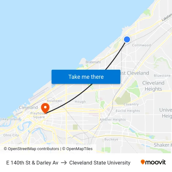 E 140th St & Darley Av to Cleveland State University map