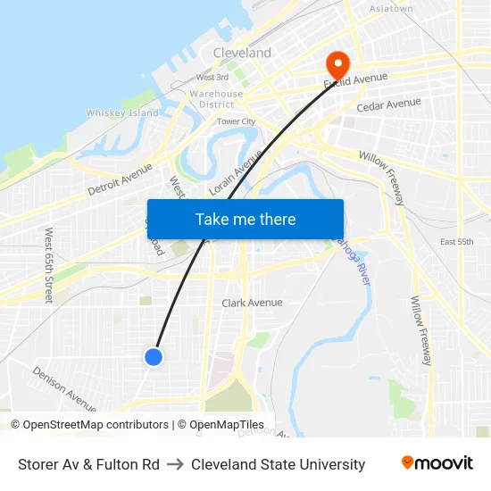 Storer Av & Fulton Rd to Cleveland State University map