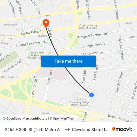 2465 E 30th St (Tri-C Metro Athletic Ctr) to Cleveland State University map