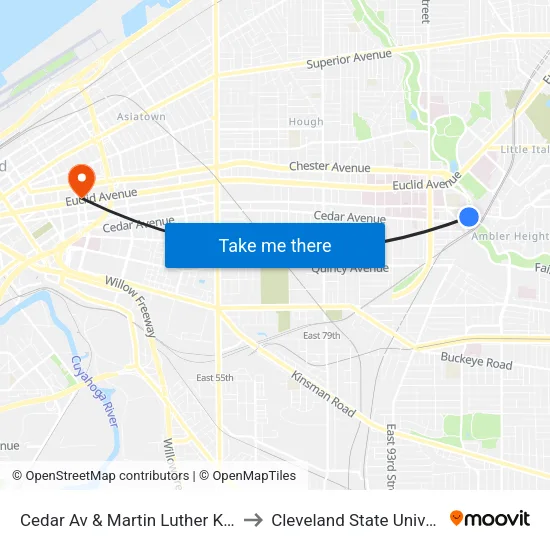 Cedar Av & Martin Luther King Dr to Cleveland State University map
