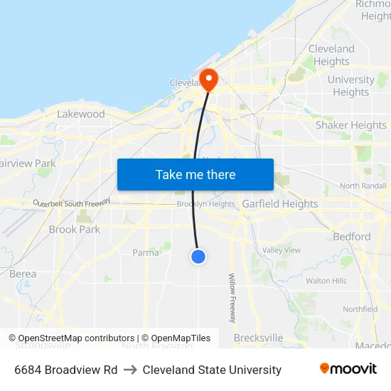 6684 Broadview Rd to Cleveland State University map