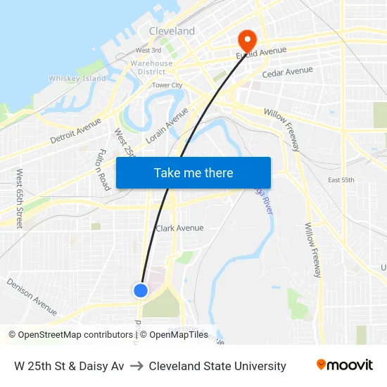 W 25th St & Daisy Av to Cleveland State University map