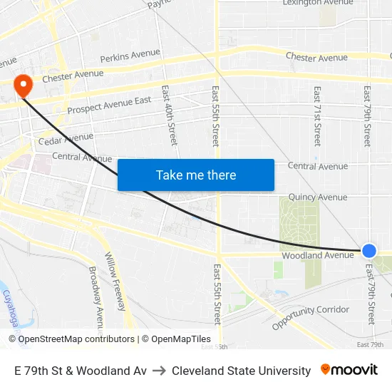E 79th St & Woodland Av to Cleveland State University map