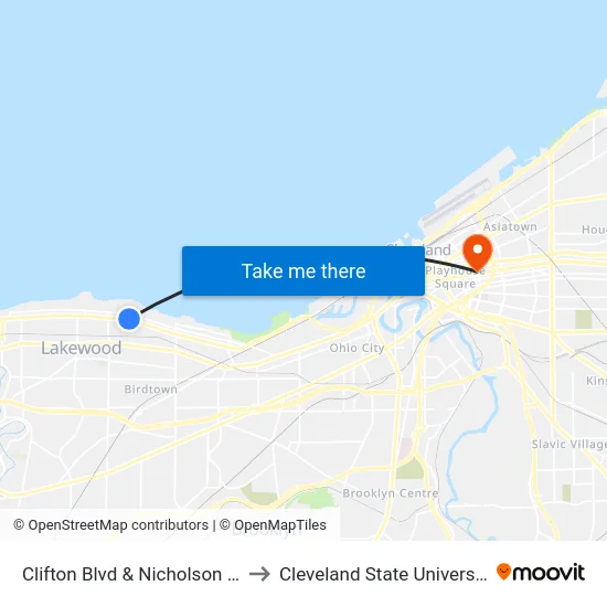 Clifton Blvd & Nicholson Av to Cleveland State University map