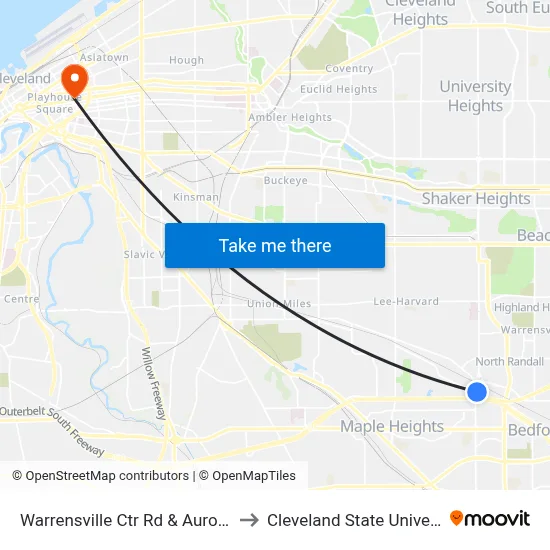 Warrensville Ctr Rd & Aurora Rd to Cleveland State University map