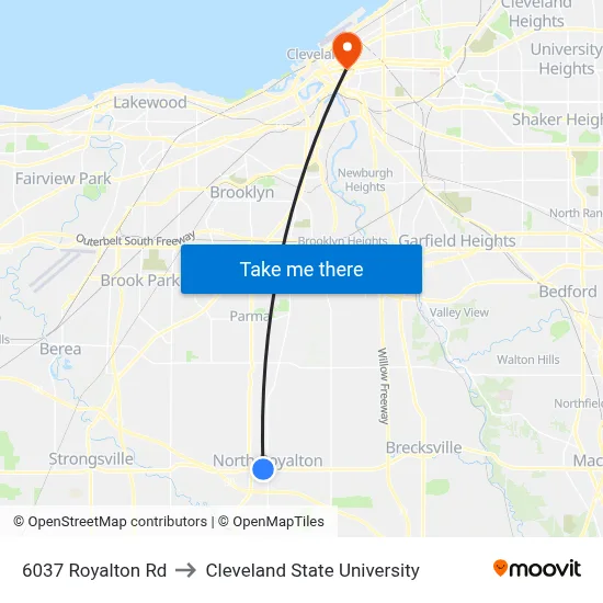 6037 Royalton Rd to Cleveland State University map