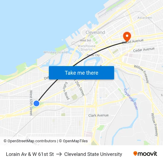 Lorain Av & W 61st St to Cleveland State University map
