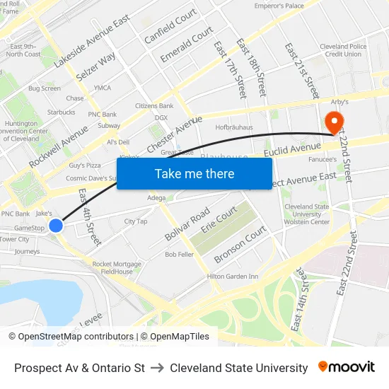 Prospect Av & Ontario St to Cleveland State University map