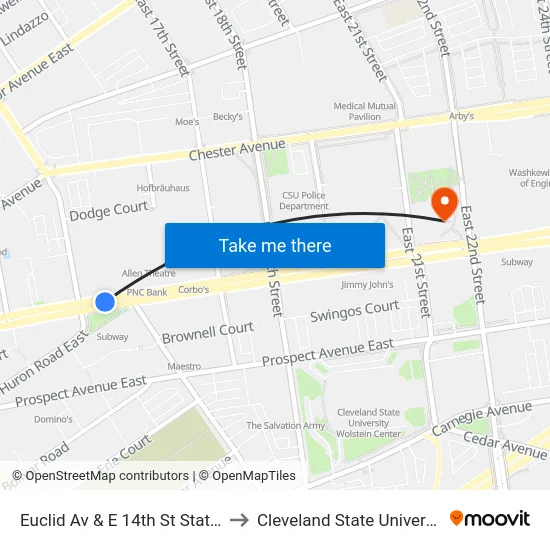 Euclid Av & E 14th St Station to Cleveland State University map