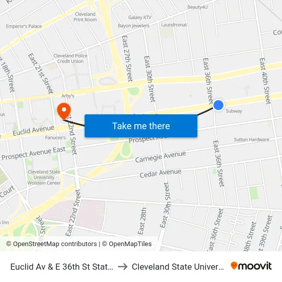 Euclid Av & E 36th St Station to Cleveland State University map