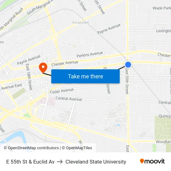 E 55th St & Euclid Av to Cleveland State University map