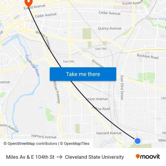 Miles Av & E 104th St to Cleveland State University map
