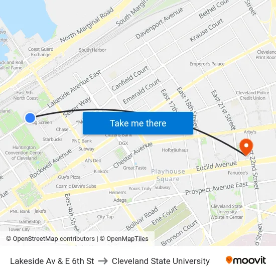 Lakeside Av & E 6th St to Cleveland State University map