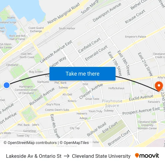 Lakeside Av & Ontario St to Cleveland State University map