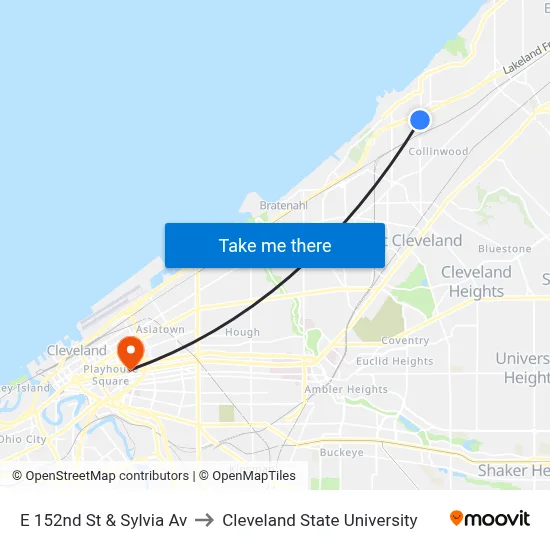E 152nd St & Sylvia Av to Cleveland State University map