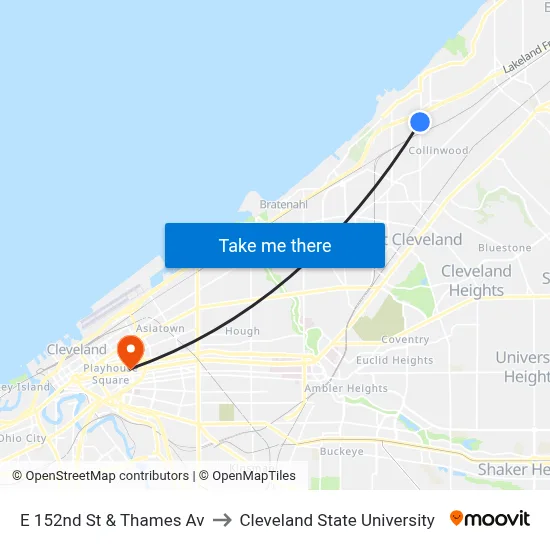 E 152nd St & Thames Av to Cleveland State University map