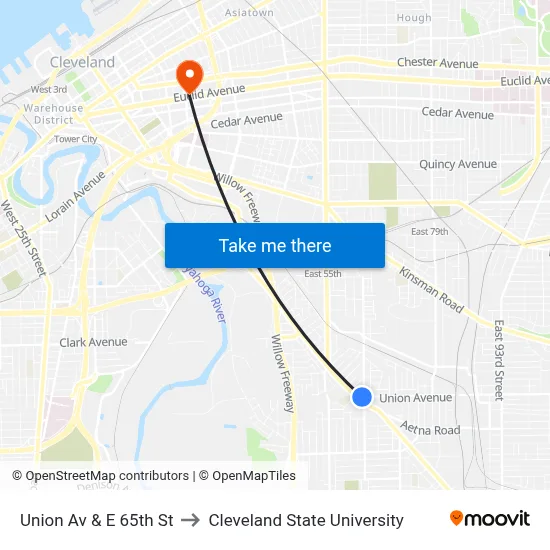 Union Av & E 65th St to Cleveland State University map