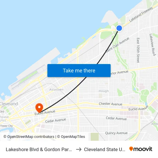 Lakeshore Blvd & Gordon Park Access Ln to Cleveland State University map