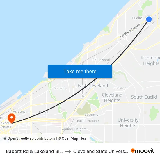 Babbitt Rd & Lakeland Blvd to Cleveland State University map