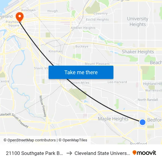 21100 Southgate Park Blvd to Cleveland State University map