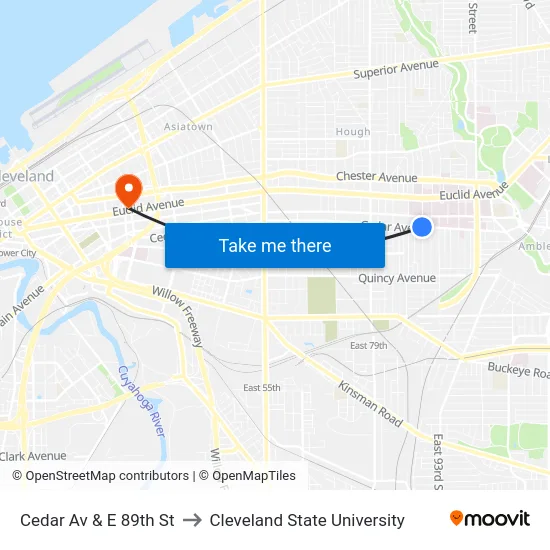 Cedar Av & E 89th St to Cleveland State University map