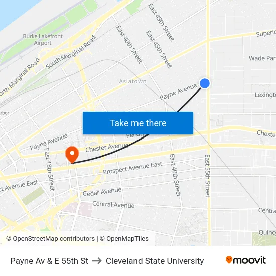 Payne Av & E 55th St to Cleveland State University map