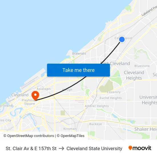 St. Clair Av & E 157th St to Cleveland State University map
