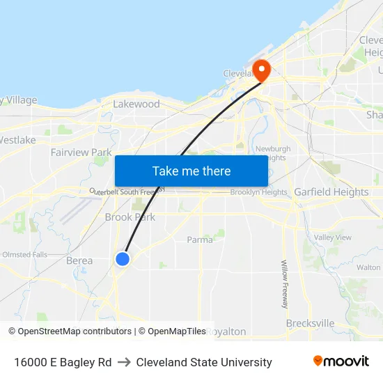 16000 E Bagley Rd to Cleveland State University map