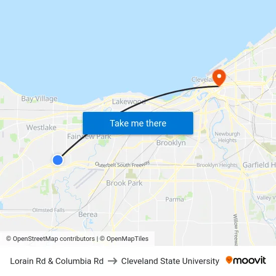 Lorain Rd & Columbia Rd to Cleveland State University map