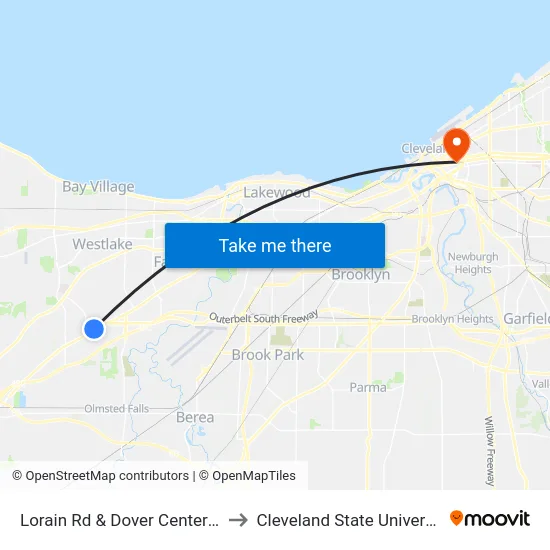 Lorain Rd & Dover Center Rd to Cleveland State University map