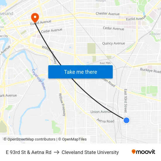 E 93rd St & Aetna Rd to Cleveland State University map