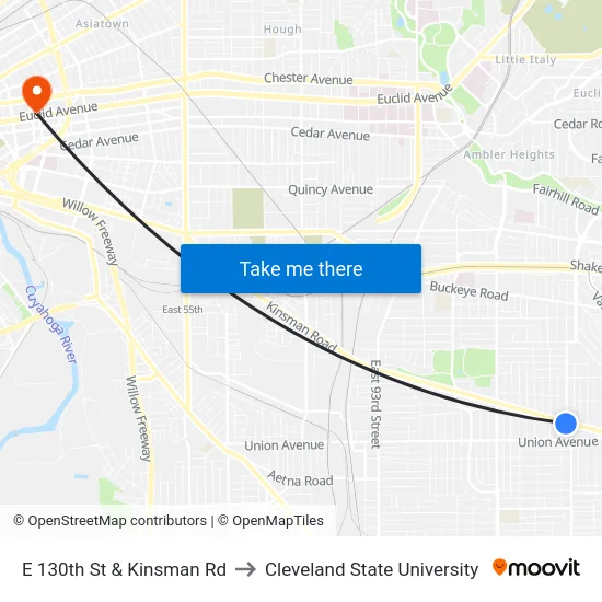 E 130th St & Kinsman Rd to Cleveland State University map
