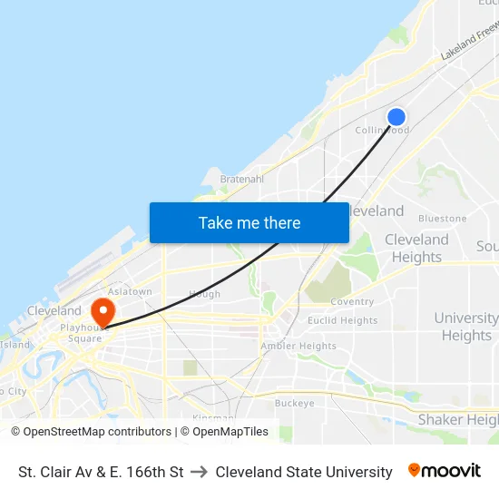 St. Clair Av & E. 166th St to Cleveland State University map