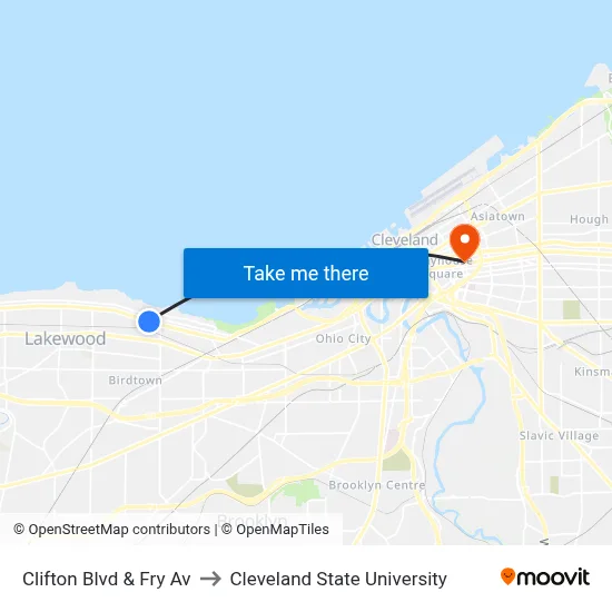 Clifton Blvd & Fry Av to Cleveland State University map