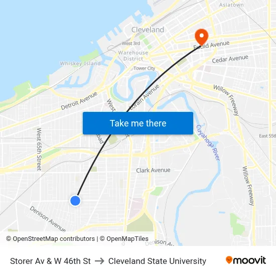 Storer Av & W 46th St to Cleveland State University map