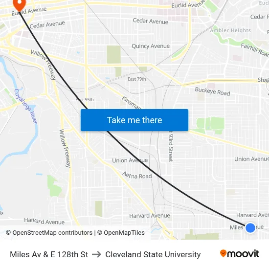 Miles Av & E 128th St to Cleveland State University map