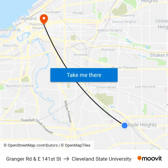 Granger Rd & E 141st St to Cleveland State University map